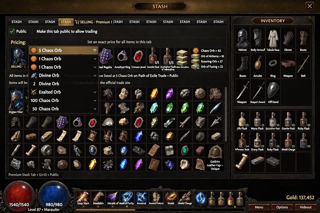 Setting a price on a Premium Stash Tab for PoE trade