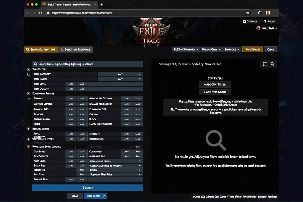 Official PoE2 trade website search page