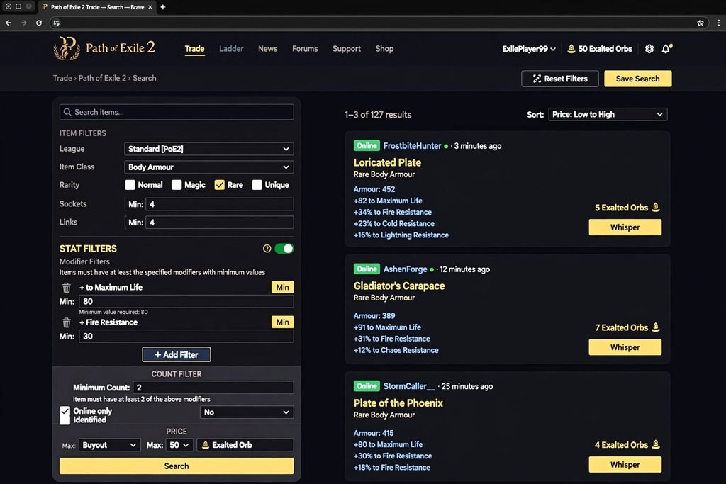 PoE 2 trade filters with modifier minimums