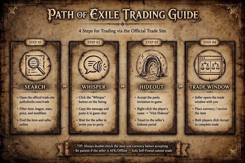 Steps for trading in Path of Exile using the official trade site"