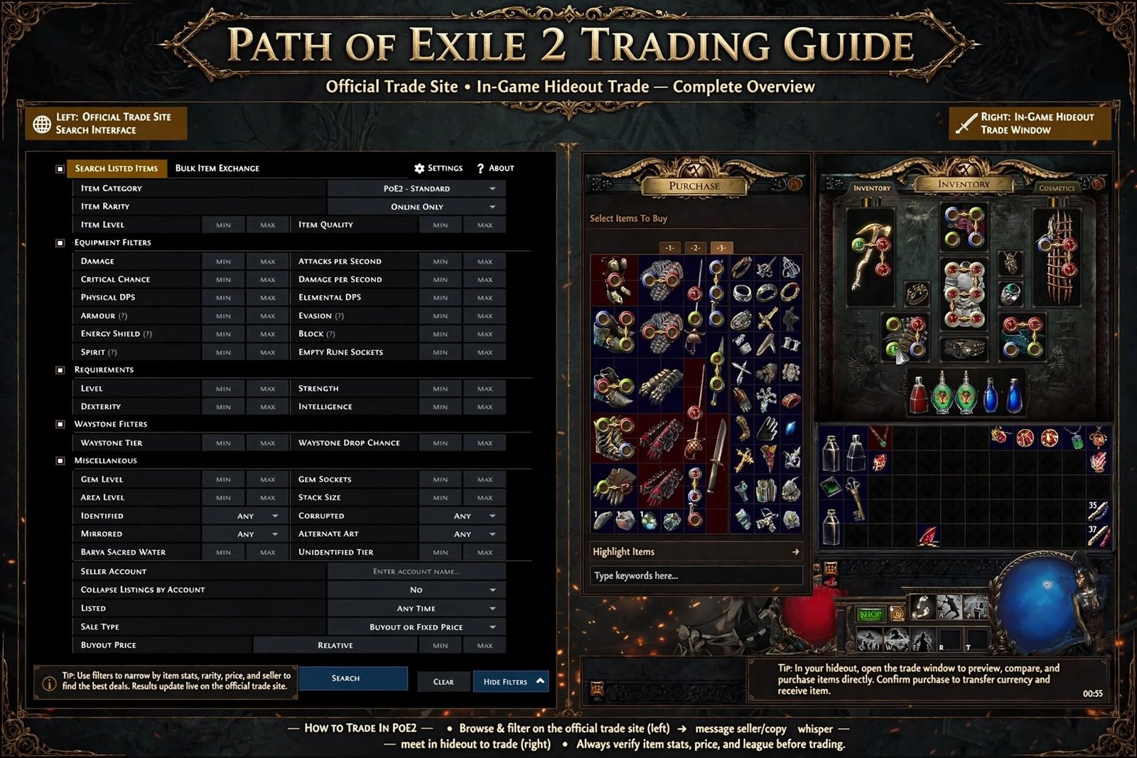 PoE2 trading guide showing the official trade site and in-game trade window"
