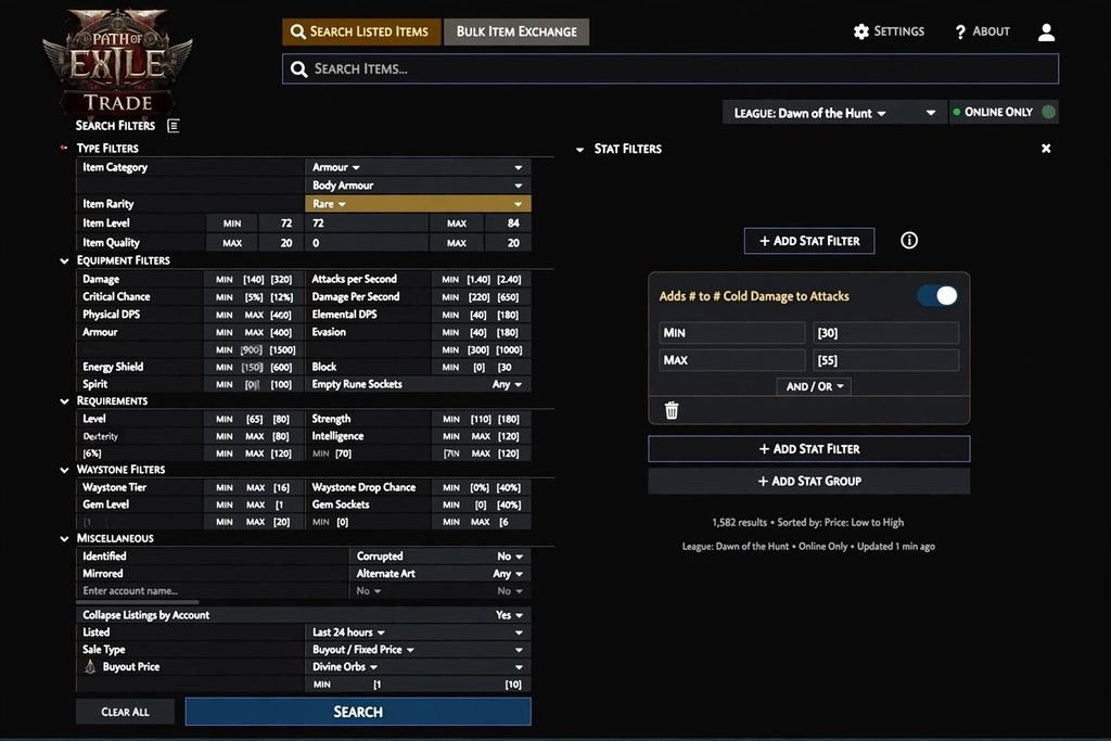 PoE2 trade site search filters