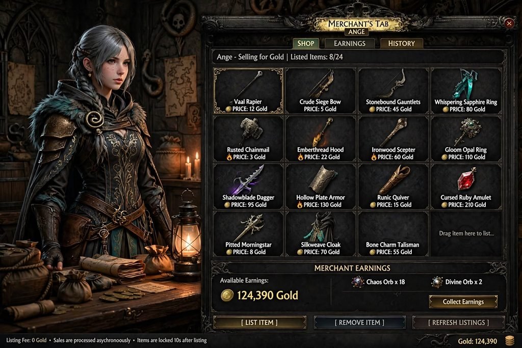 PoE2 Merchant's Tab interface with Ange"