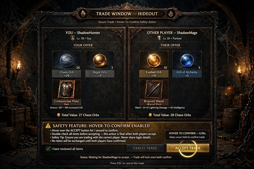 "PoE2 trade window hover-to-confirm safety feature