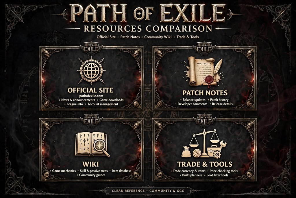 "Icon comparison of Path of Exile's official site, patch notes, community wiki, and trading tools."
