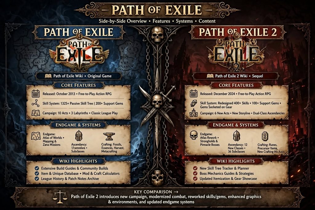 Side-by-side comparison graphic of the Path of Exile wiki and the Path of Exile 2 wiki."