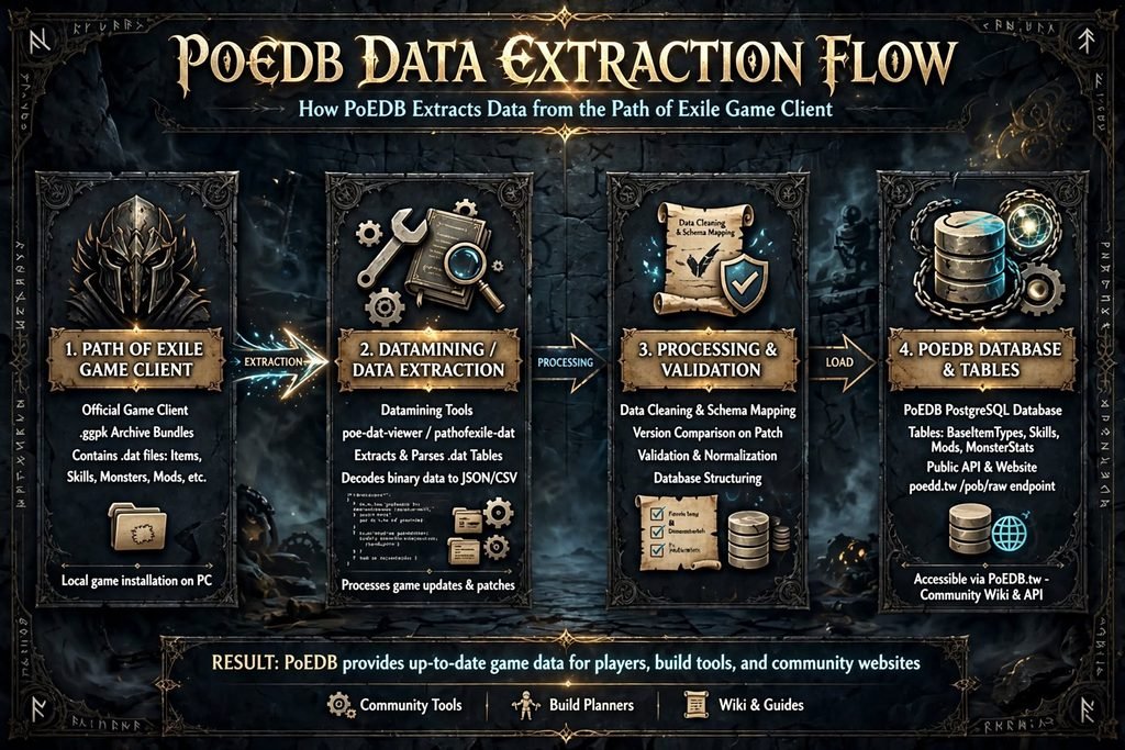 Diagram showing how PoEDB extracts data from the Path of Exile game client