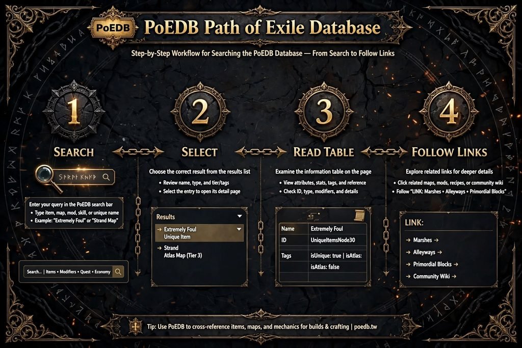Step-by-step workflow for searching the PoEDB Path of Exile database"