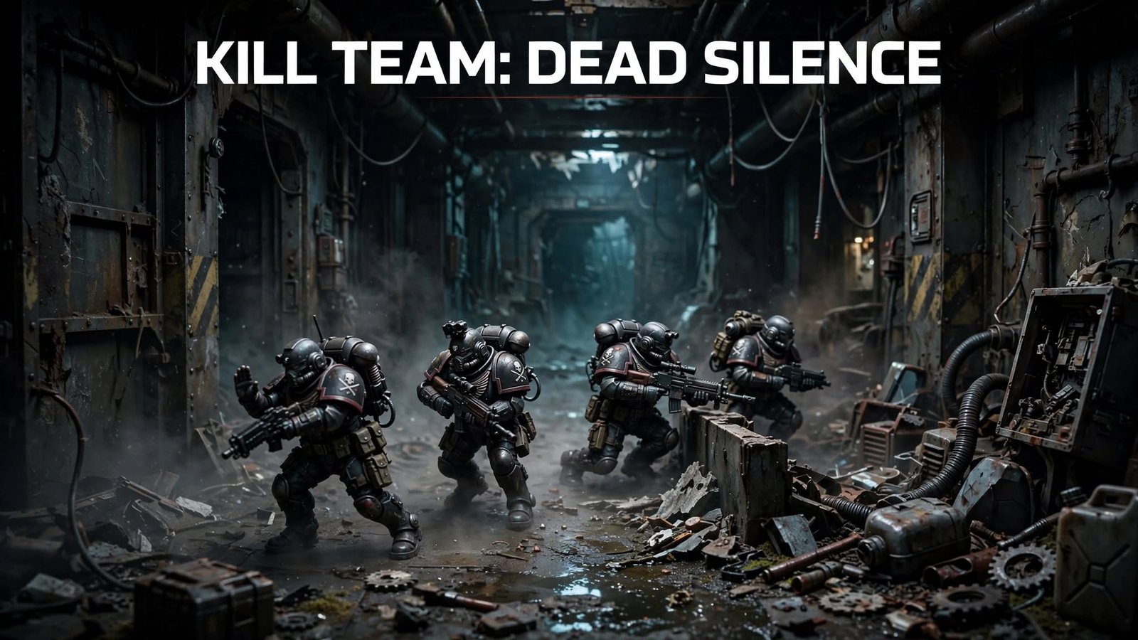Kill Team Dead Silence elite stealth squad moving tactically through dark abandoned industrial facility corridor