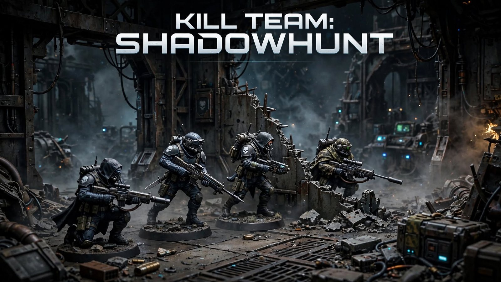 Kill Team Shadowhunt elite covert squad infiltrating dark industrial battlefield ruins with tactical stealth gear