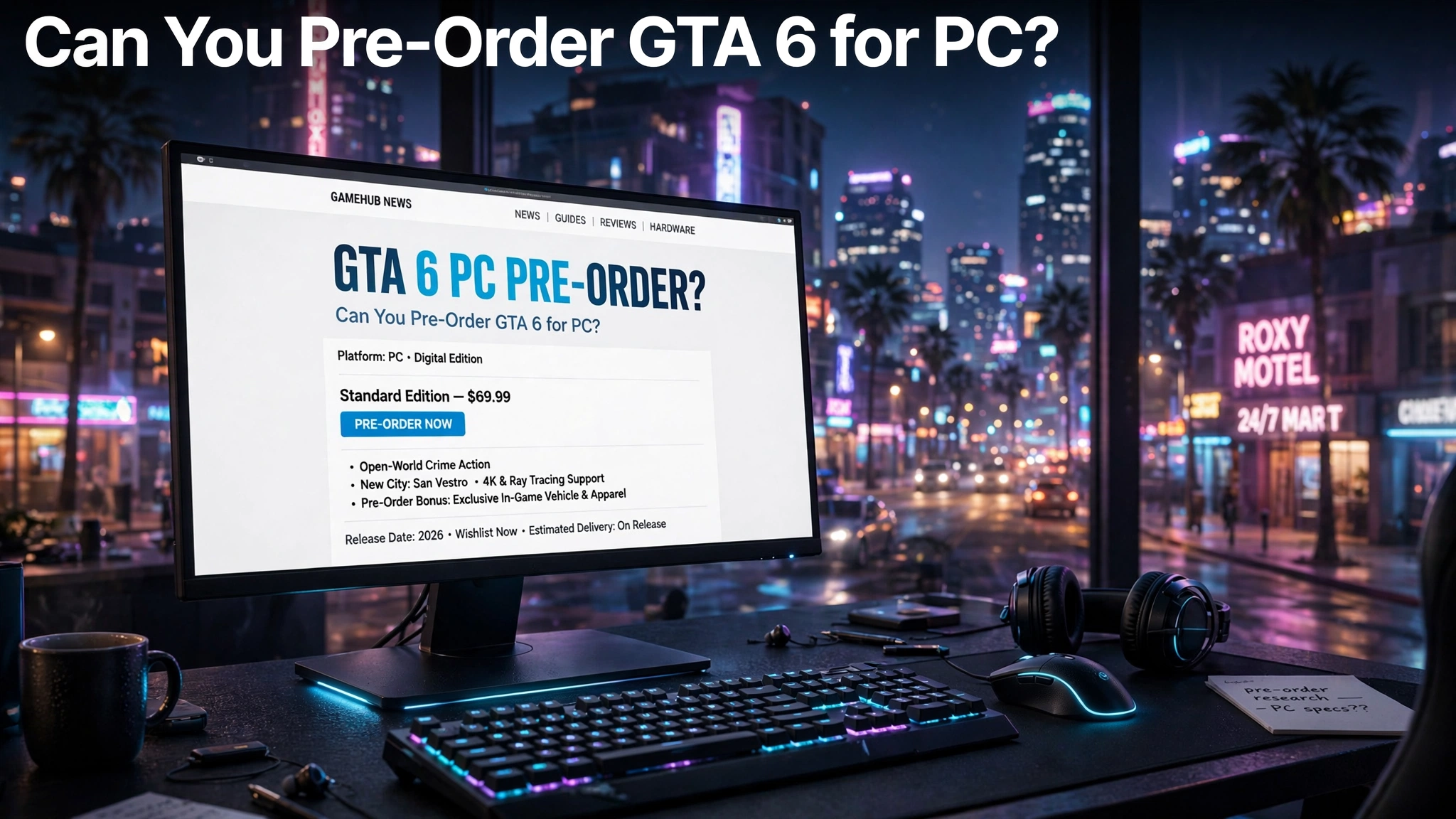 Gaming PC setup with GTA 6 PC pre-order page on monitor, neon open-world city at night with palm trees in background