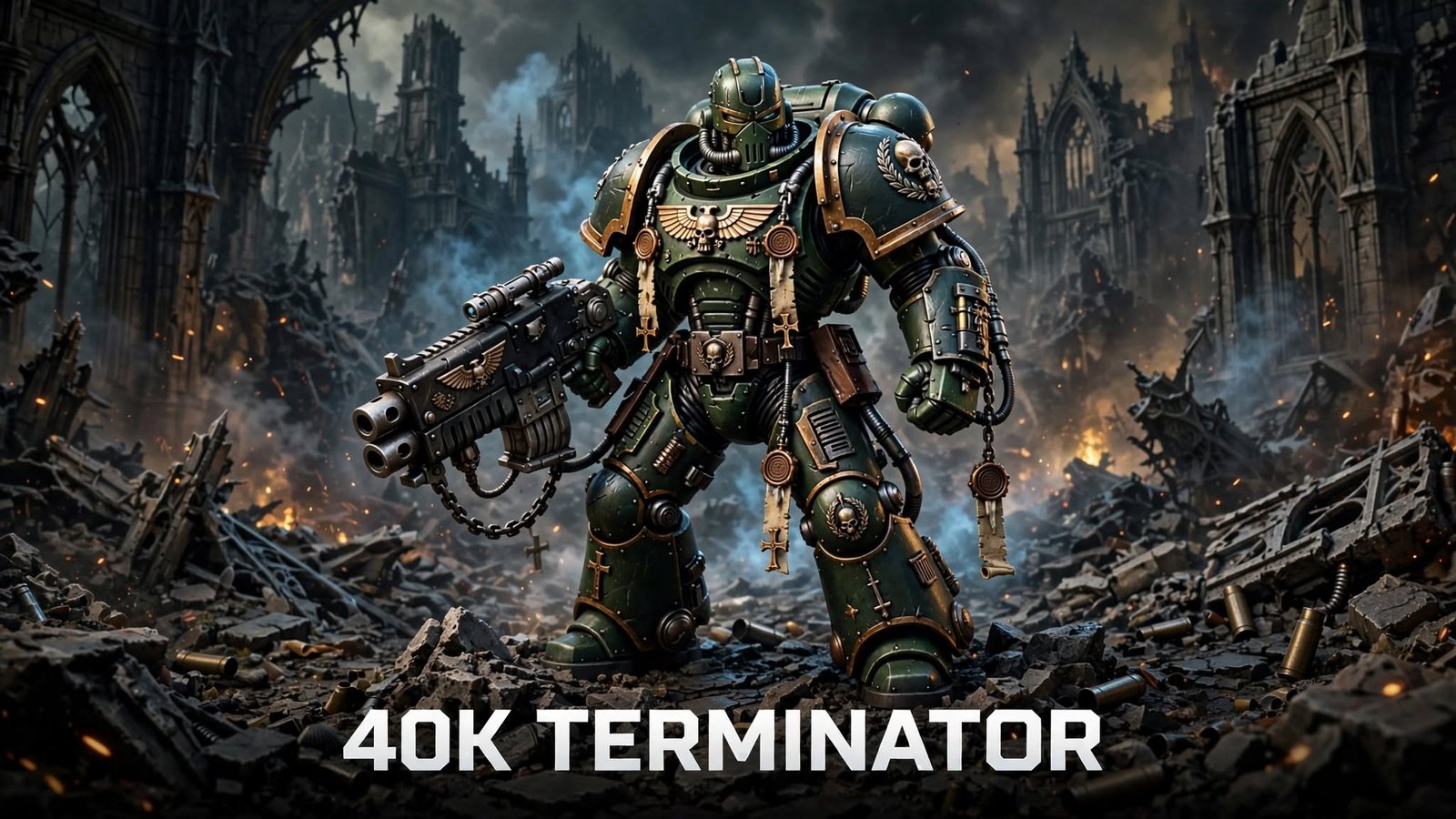 40k Terminator heavily armored Space Marine in massive power armor holding heavy weapon in ruined gothic battlefield
