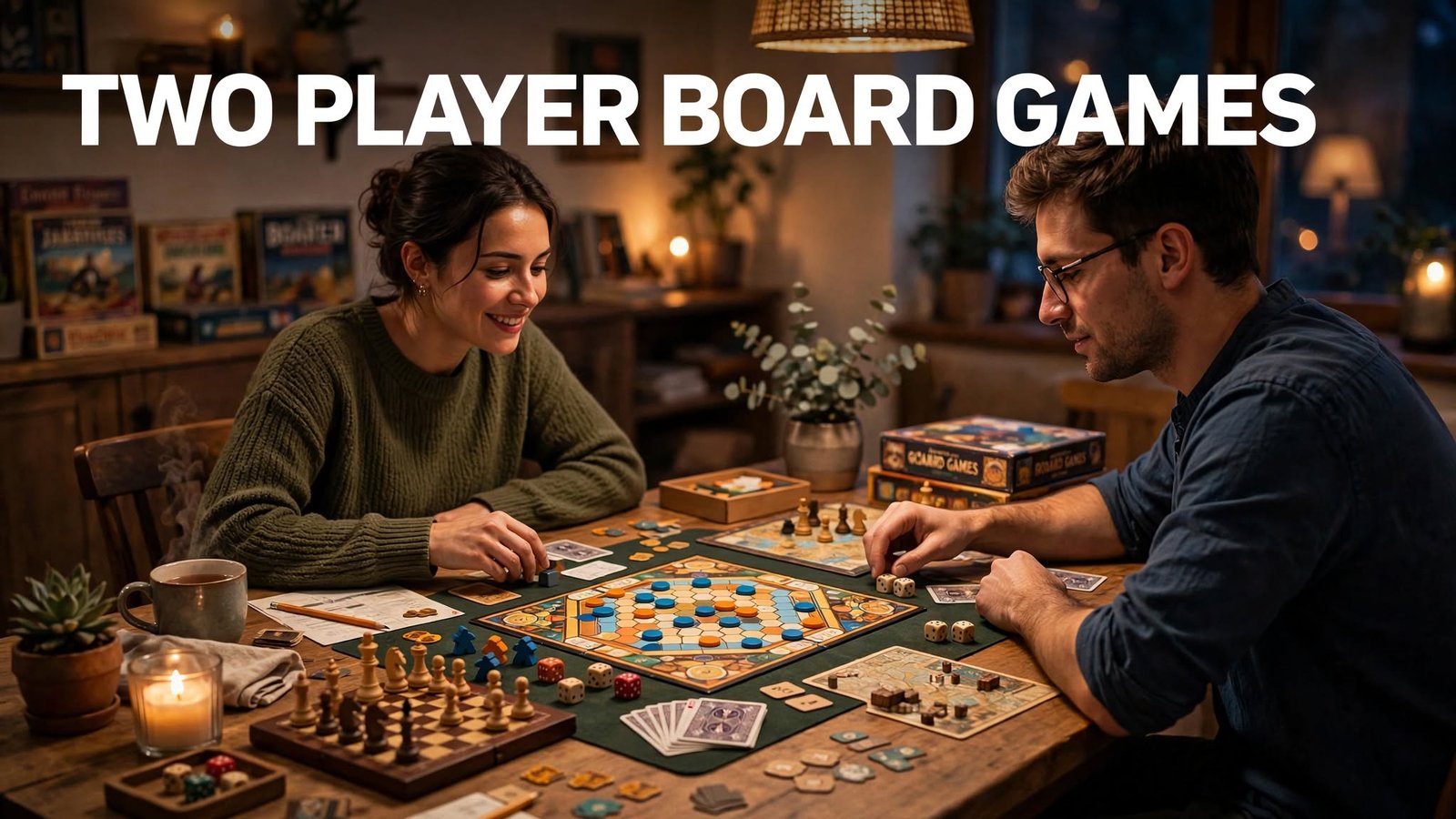 Two players enjoying cozy two player board games with chess, dice, cards and colorful game boards on table