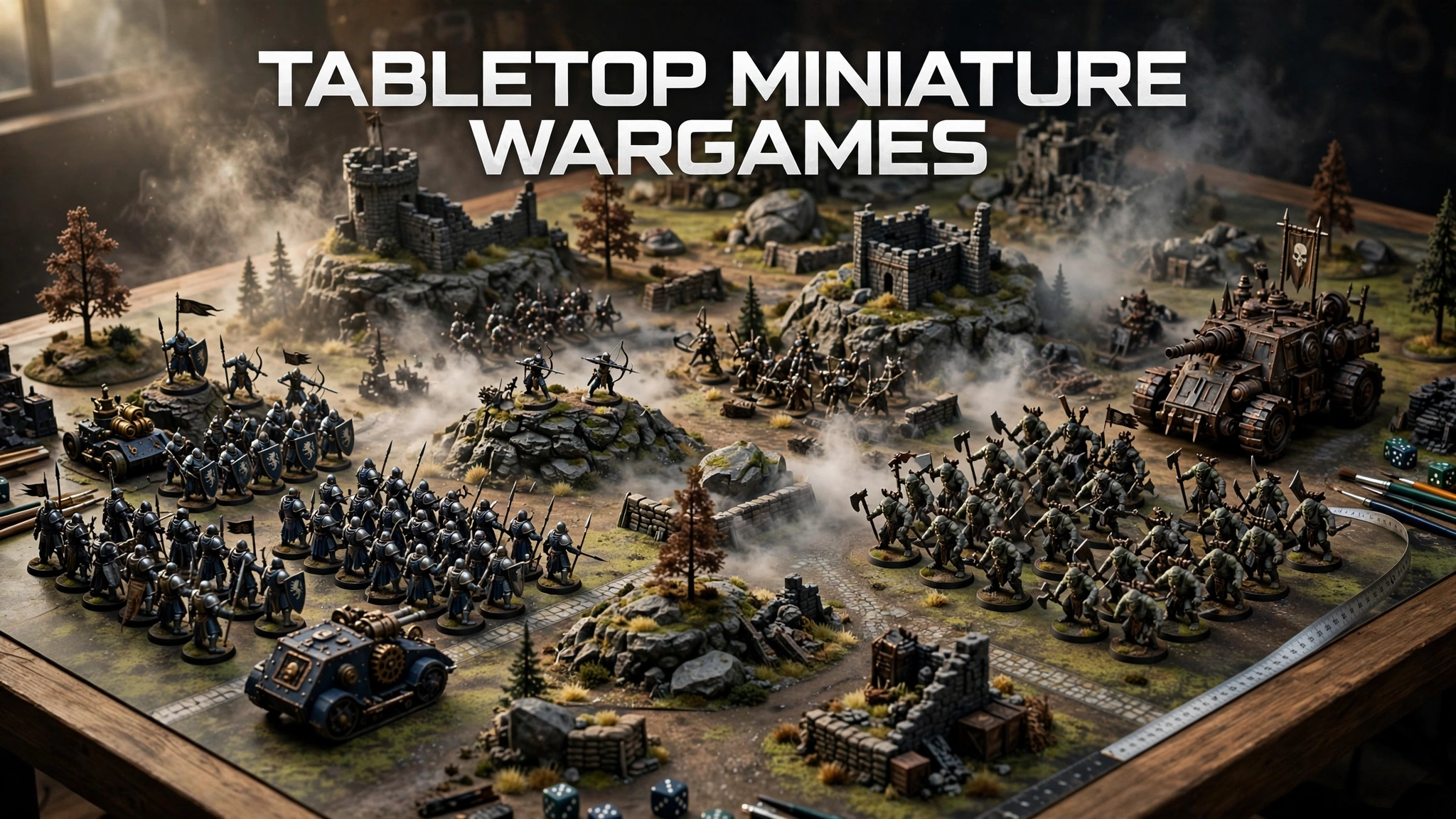 Epic tabletop miniature wargame battlefield with detailed painted armies, fantasy warriors, armored vehicles, castles and terrain