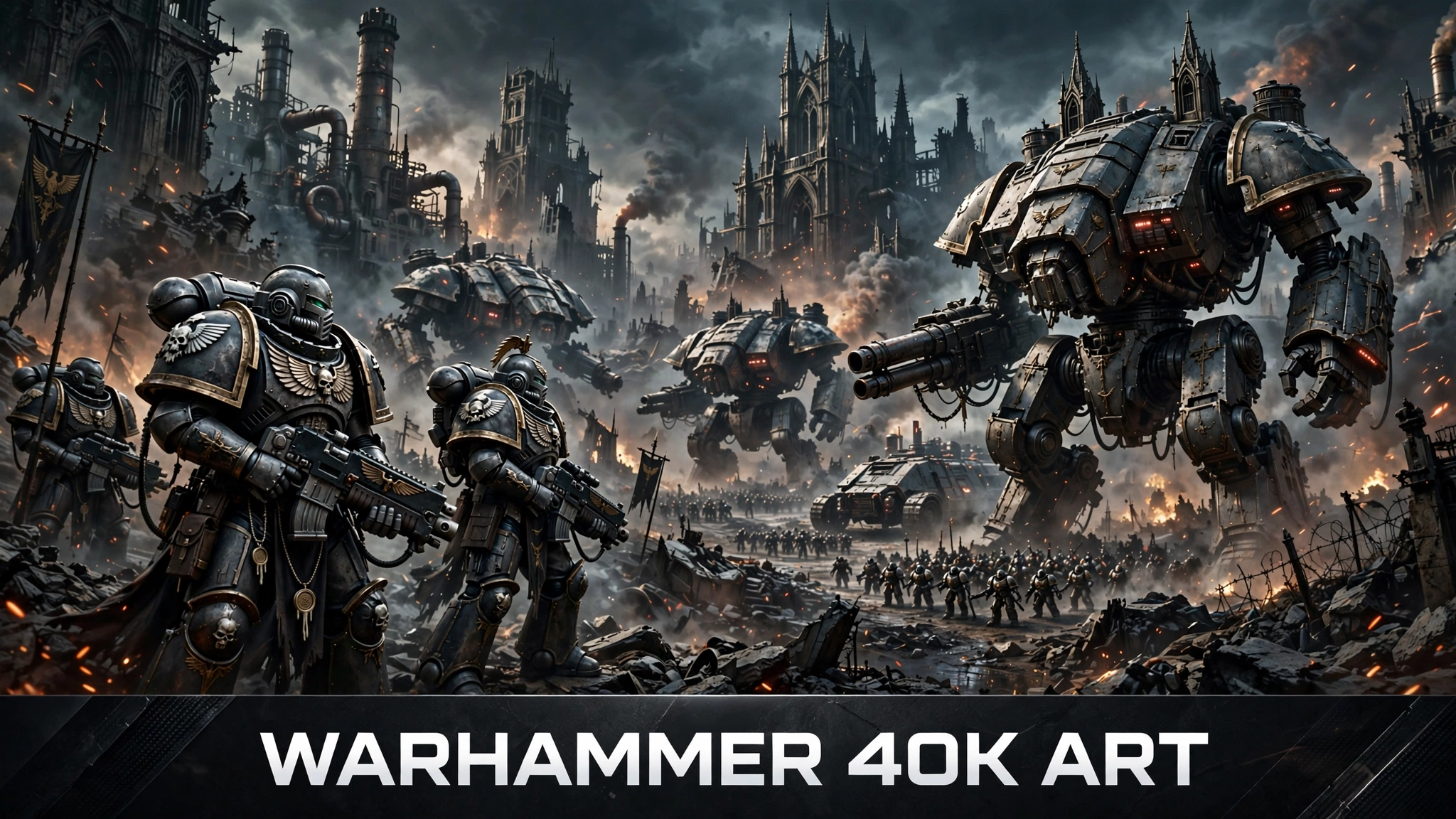 Grim dark gothic sci-fi battlefield with heavily armored futuristic warriors and massive war machines in ruined industrial city