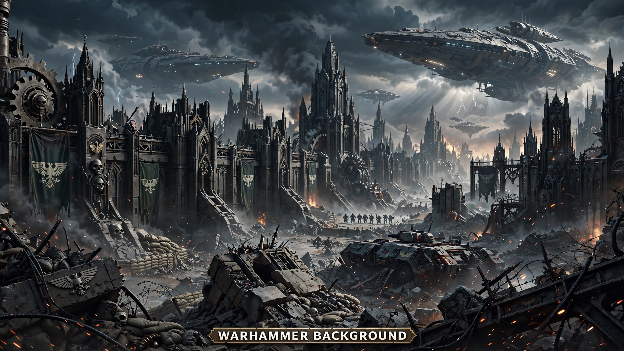 Vast Warhammer gothic sci-fi background with towering cathedrals, ruined battlefield and enormous spaceships in stormy sky