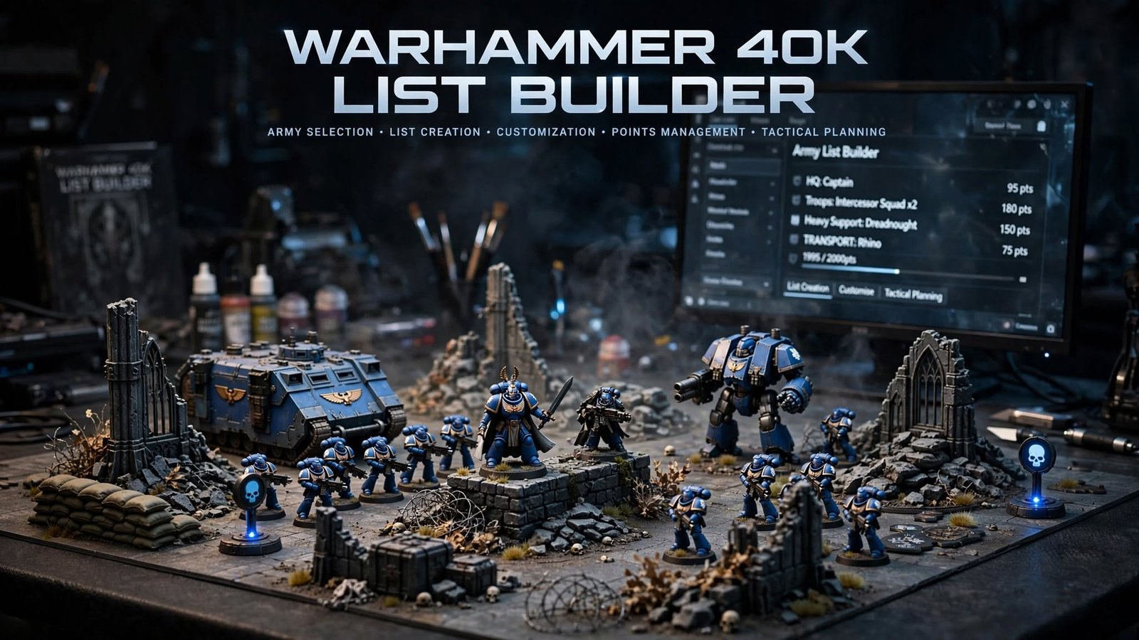 Warhammer 40K List Builder tabletop with blue space marines army, tank, dreadnought and points calculator interface