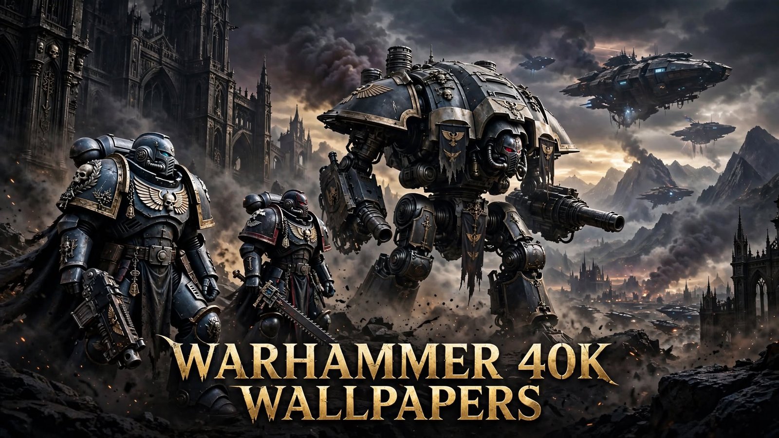 Warhammer 40K wallpapers epic scene with armored warriors and Imperial Knight mech in gothic battlefield