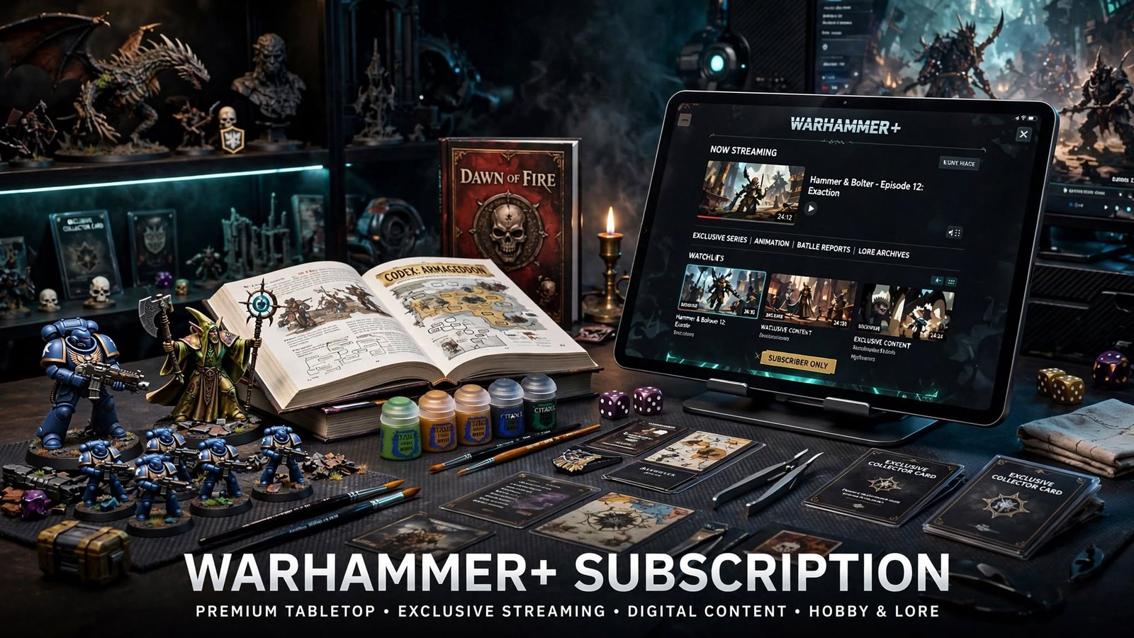 Warhammer Plus subscription premium hobby setup with miniatures, tablet streaming exclusive content and painting supplies