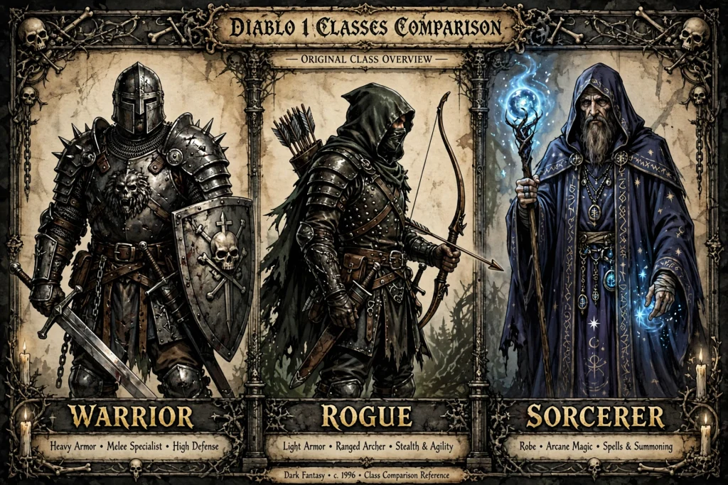 Illustrated comparison of the three Diablo 1 classes: Warrior, Rogue and Sorcerer