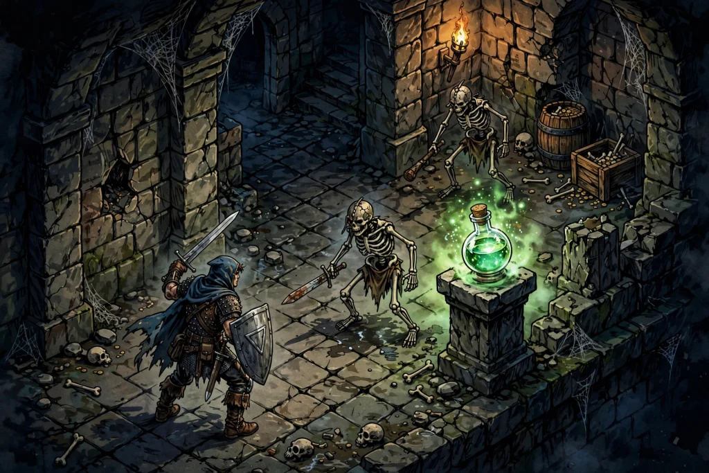 Illustrated dungeon corridor representing Diablo 1 gameplay and exploration