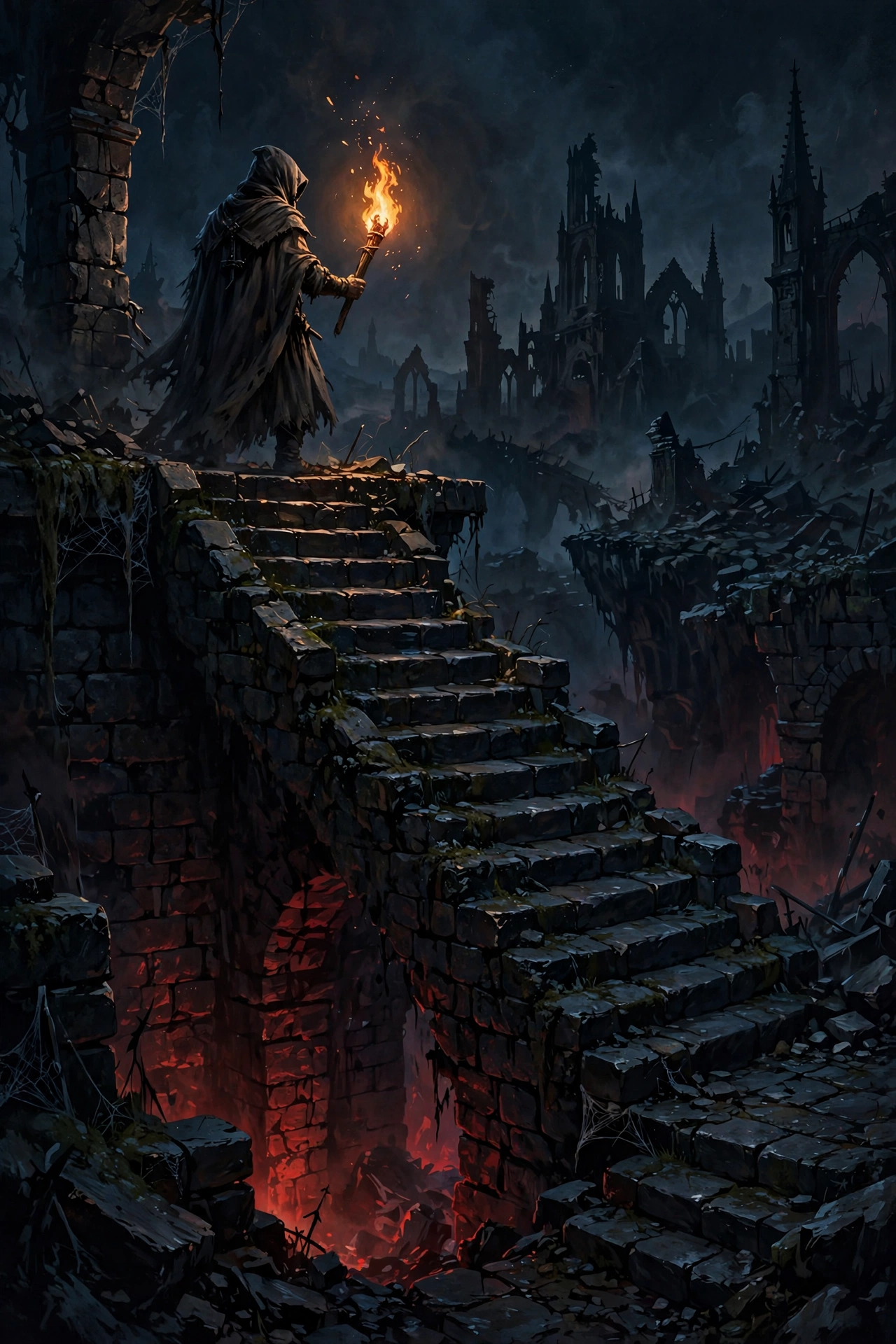 Illustration of a lone torch-bearing hero descending a dark gothic dungeon stairway, representing the original Diablo 1 game
