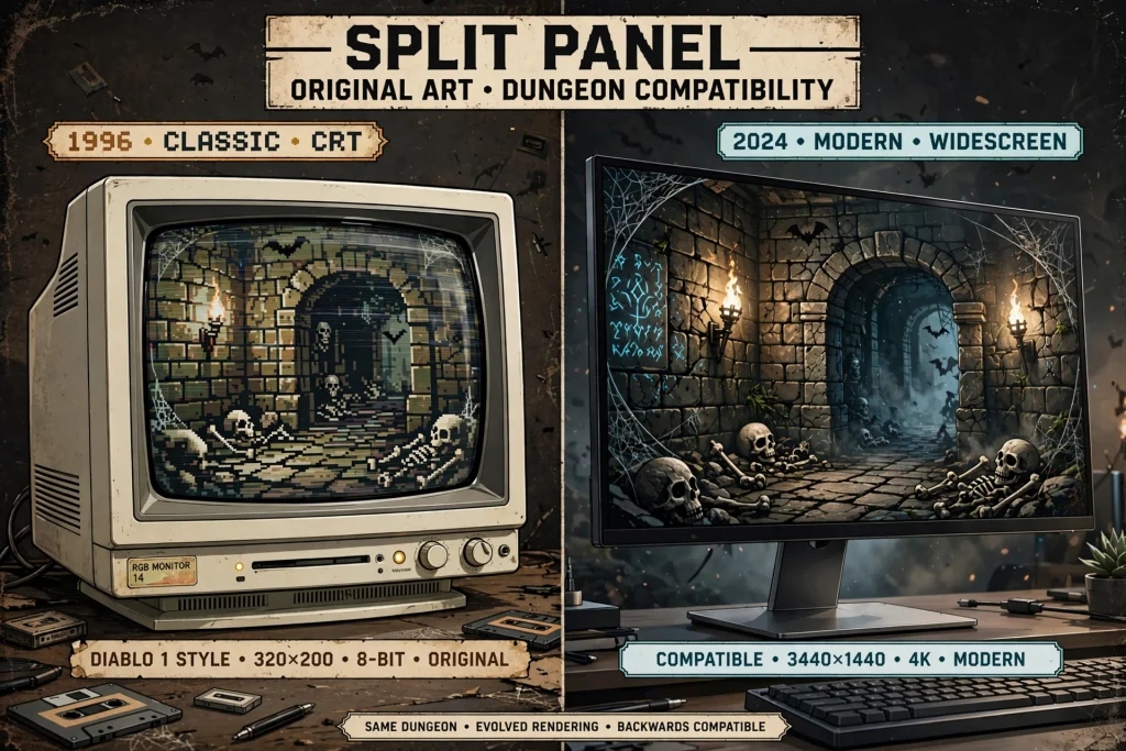 Retro monitor beside a modern monitor illustrating playing Diablo 1 on current PCs