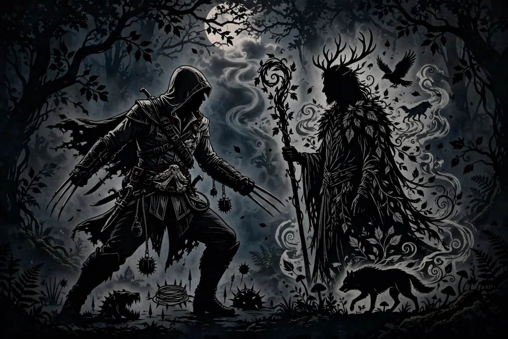 Two original silhouettes representing the Assassin and Druid classes from Diablo 2 LOD