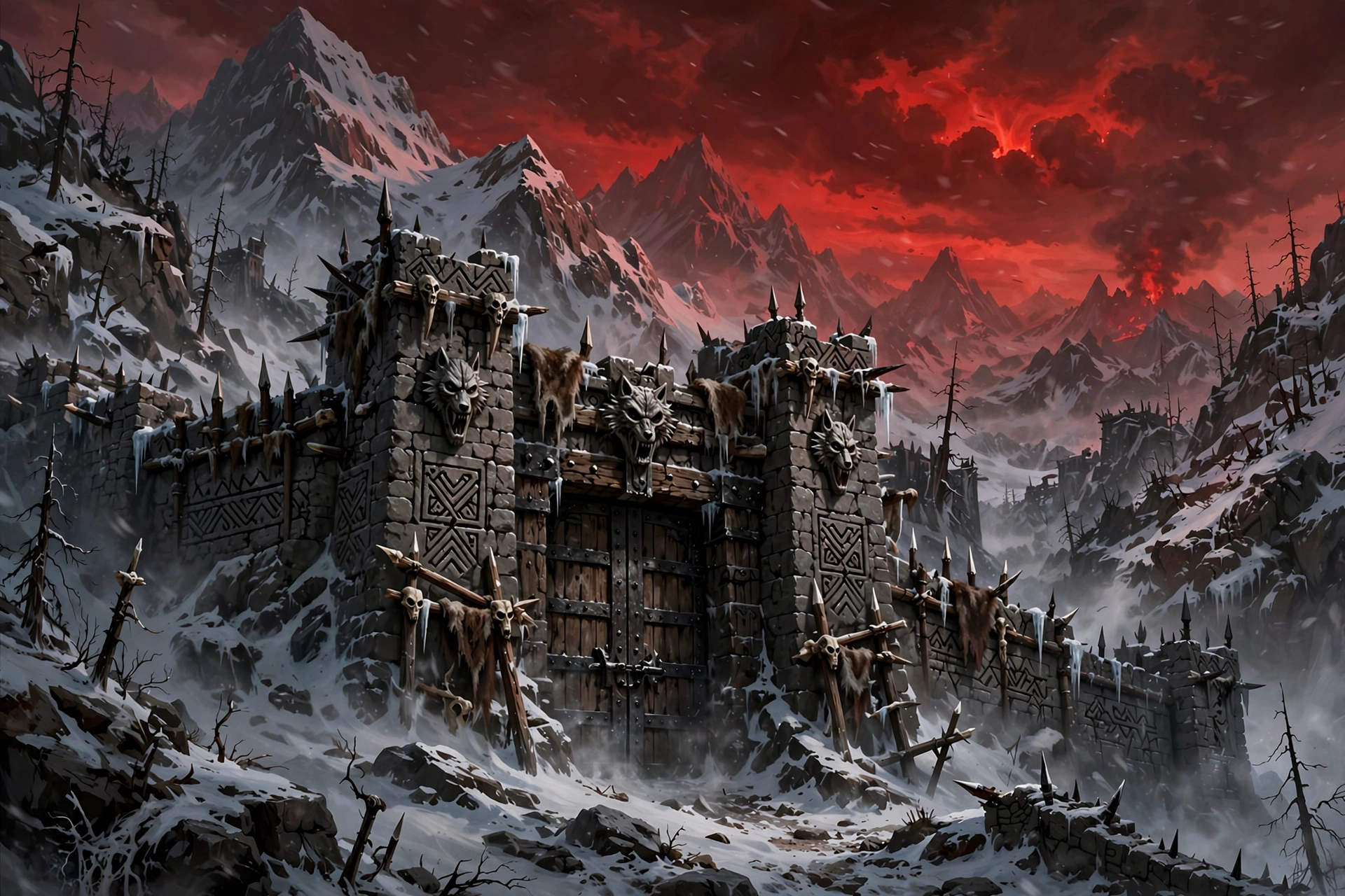 Dark fantasy illustration of a mountain fortress gate for a Diablo 2 LOD guide