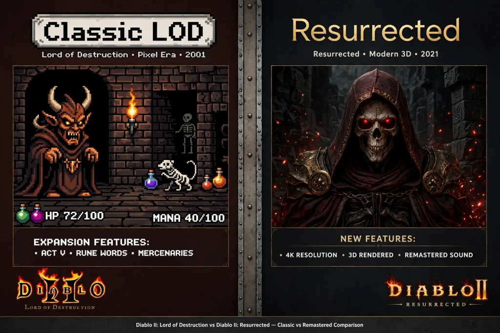 Split graphic comparing classic Diablo 2 LOD with Diablo II: Resurrected