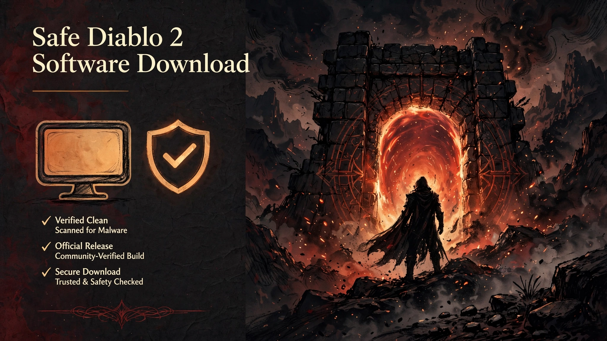 Dark fantasy illustration of a hero before a glowing gate representing a safe Diablo 2 Software download guide