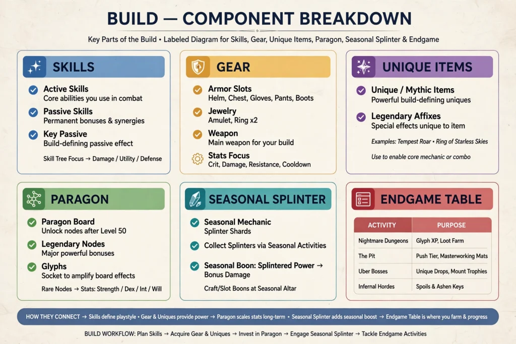 Diagram of the parts of a Diablo 4 build, including skills, gear, Paragon and Splinters