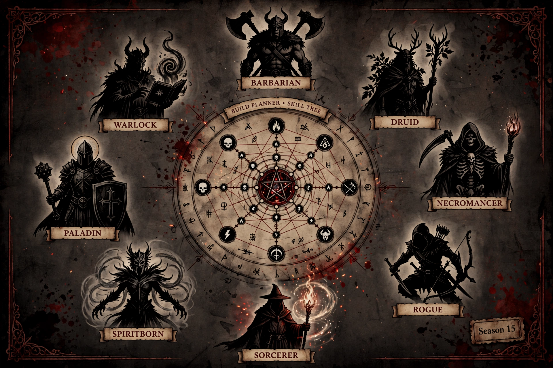 Illustrated planner showing eight Diablo IV class silhouettes around a skill tree diagram, representing Diablo 4 builds for Season 15