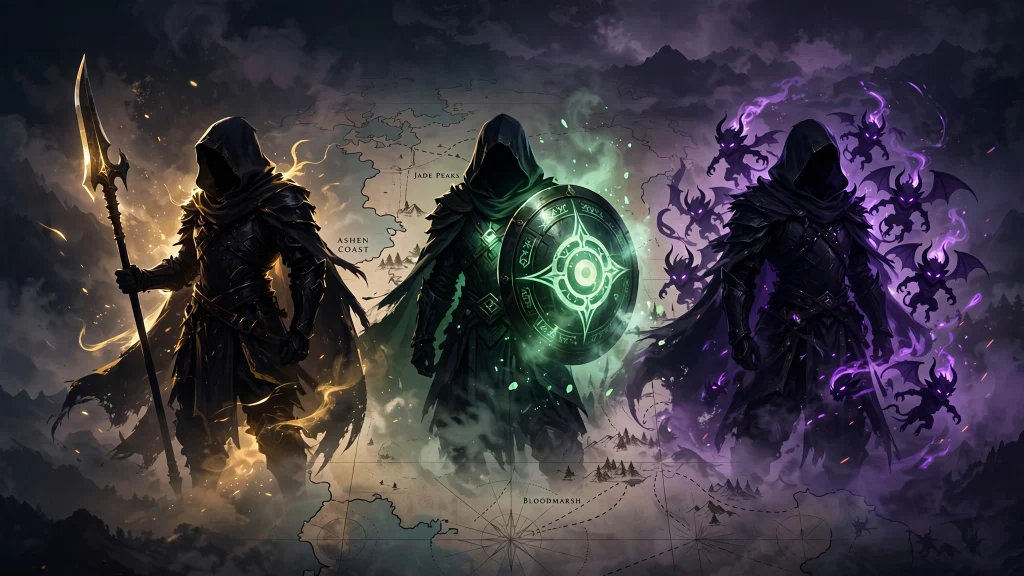 Silhouetted warriors and a faint region map illustrating the content in the Diablo 4 expansions