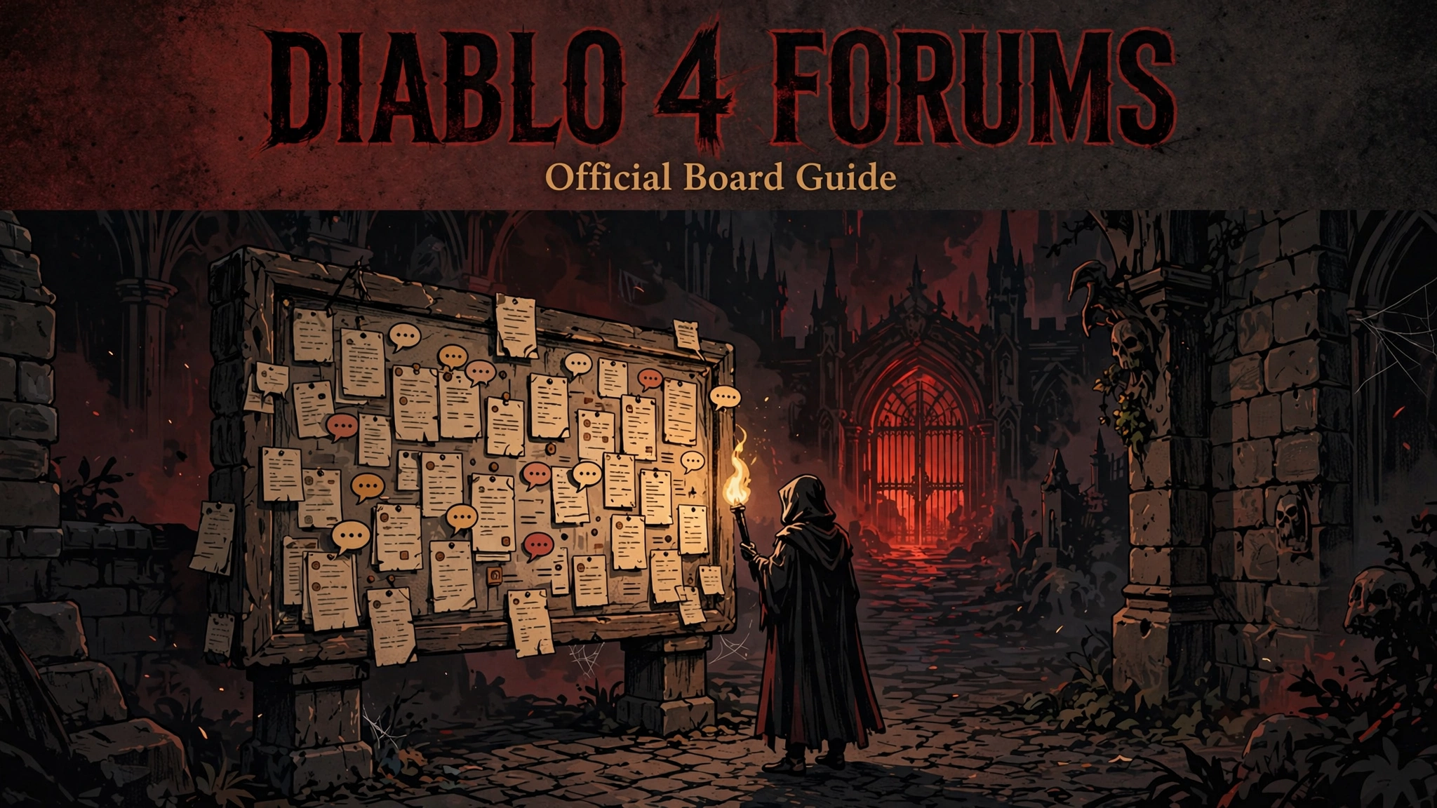 Illustration of a hooded hero reading a notice board for a Diablo 4 Forums official board guide