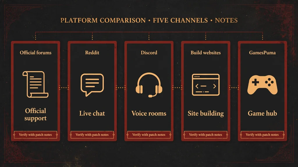 Comparison graphic of the Diablo 4 Forums beside Reddit, Discord, build sites and GamesPuma