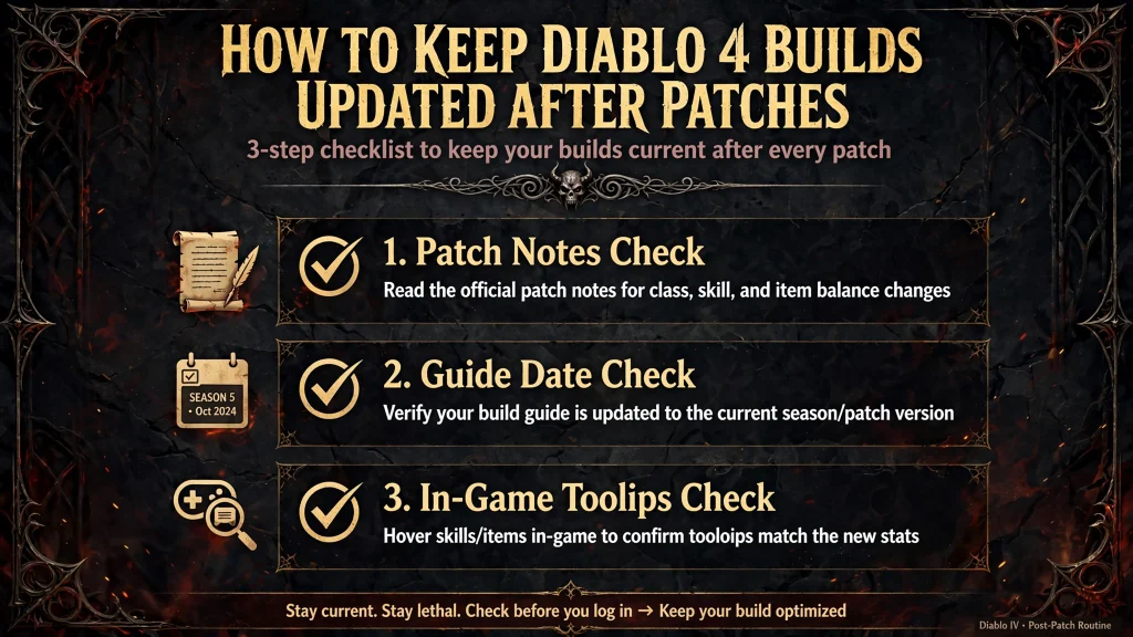 Checklist for verifying a Diablo 4 build guide against current patch notes