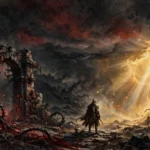 Original dark-fantasy illustration of a wanderer facing a golden rift for the Diablo 4 Season 11 guide