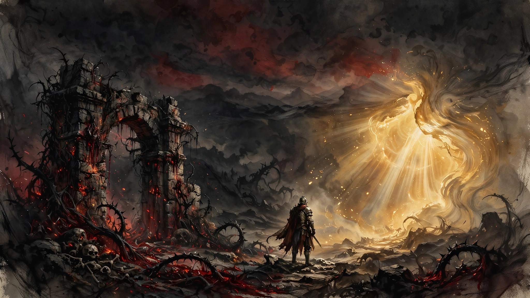 Original dark-fantasy illustration of a wanderer facing a golden rift for the Diablo 4 Season 11 guide
