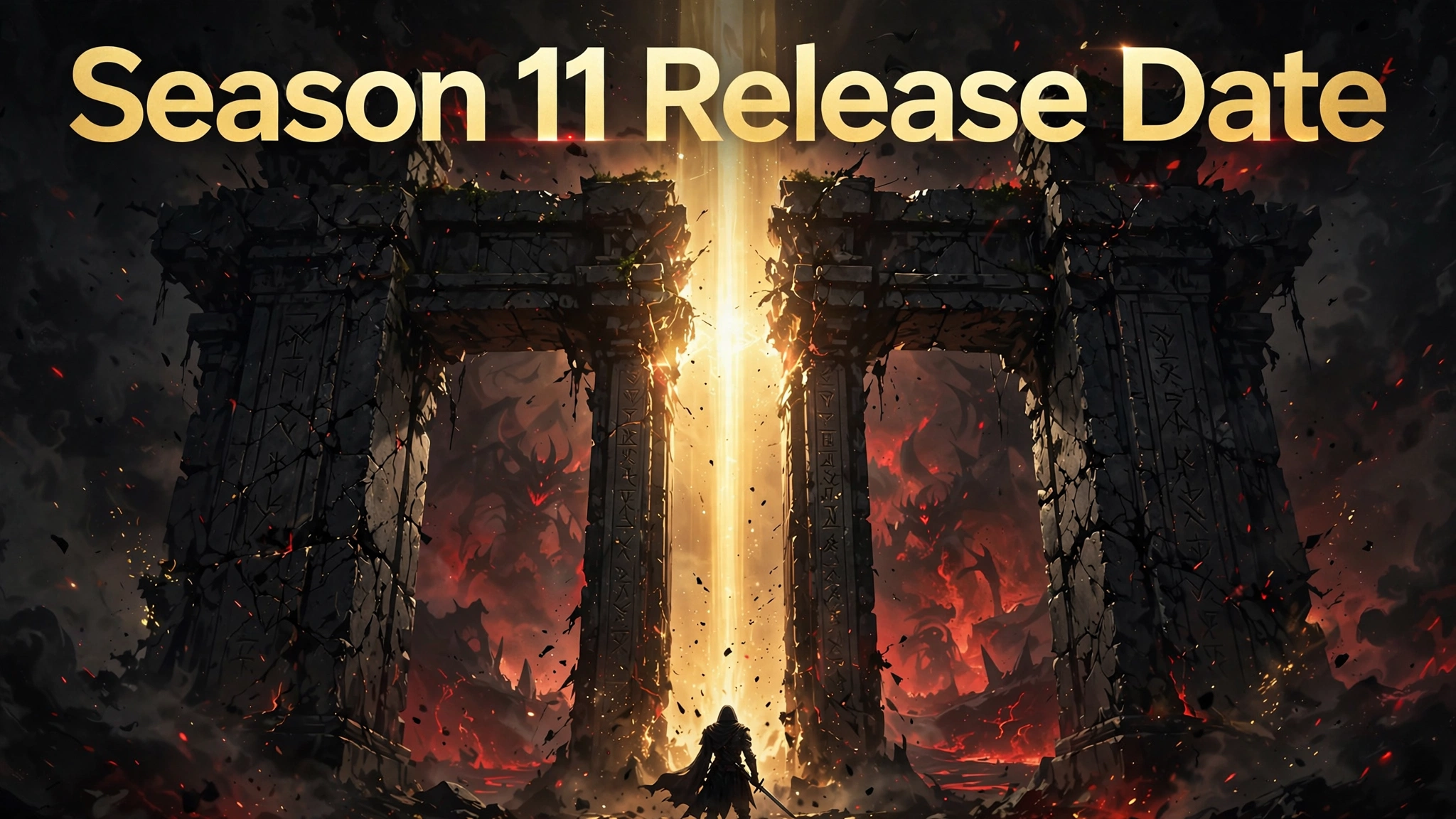 Original illustration of a glowing gate and lone hero representing the Diablo 4 Season 11 release date