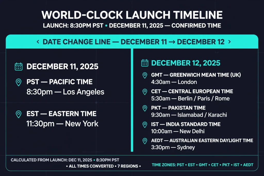 Time zone chart showing the Diablo 4 Season 11 release date and local launch times in the US, UK, Europe, Pakistan, India and Australia