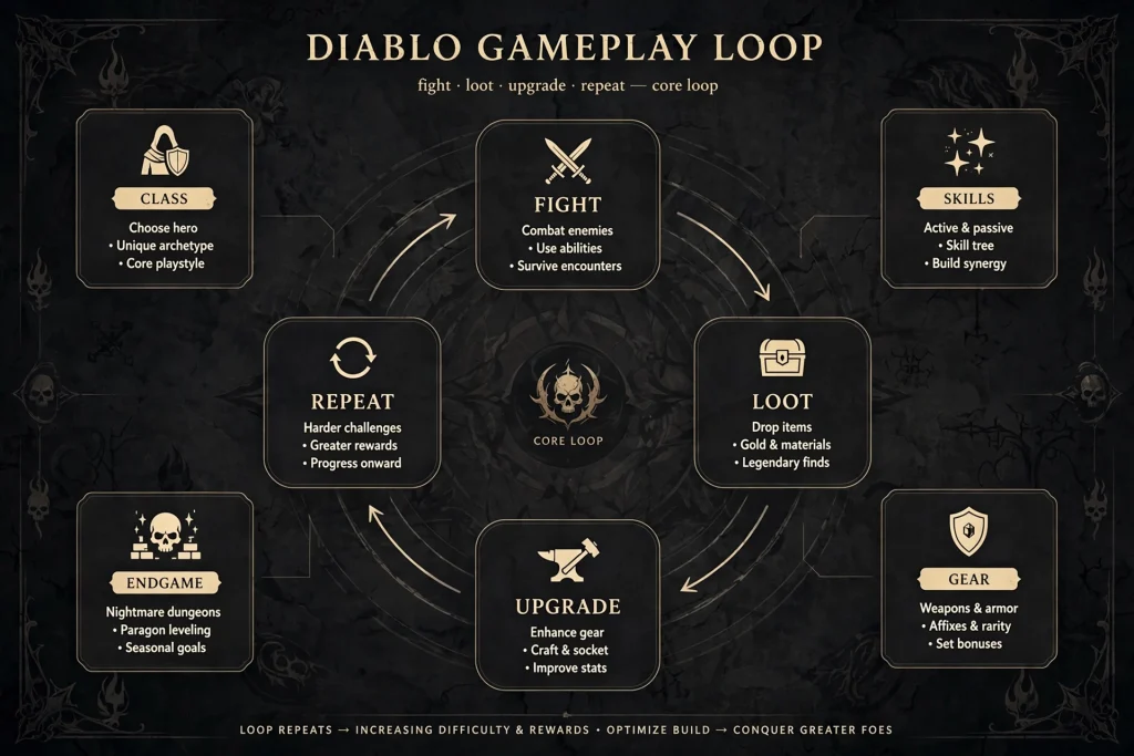 Diagram of the Diablo gameplay loop showing combat, loot, upgrades, and endgame progression