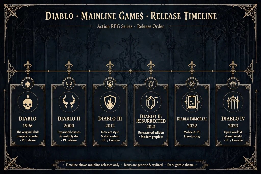 Timeline graphic comparing the main Diablo games, Diablo II: Resurrected, and Diablo Immortal by release year