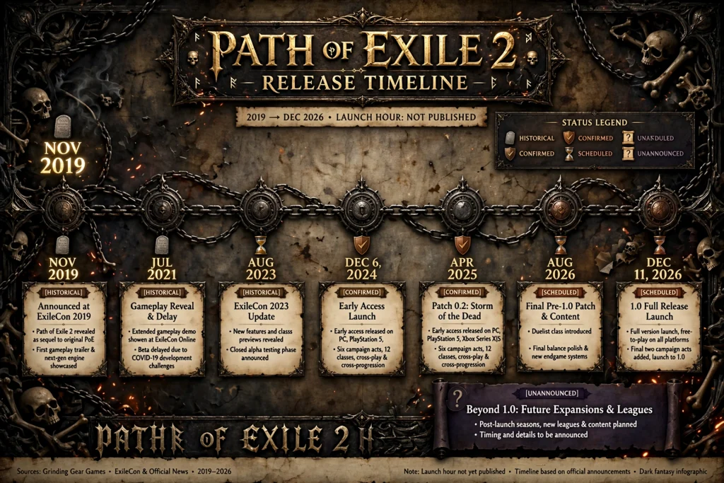 Timeline of Path of Exile 2 milestones from 2019 to December 2026