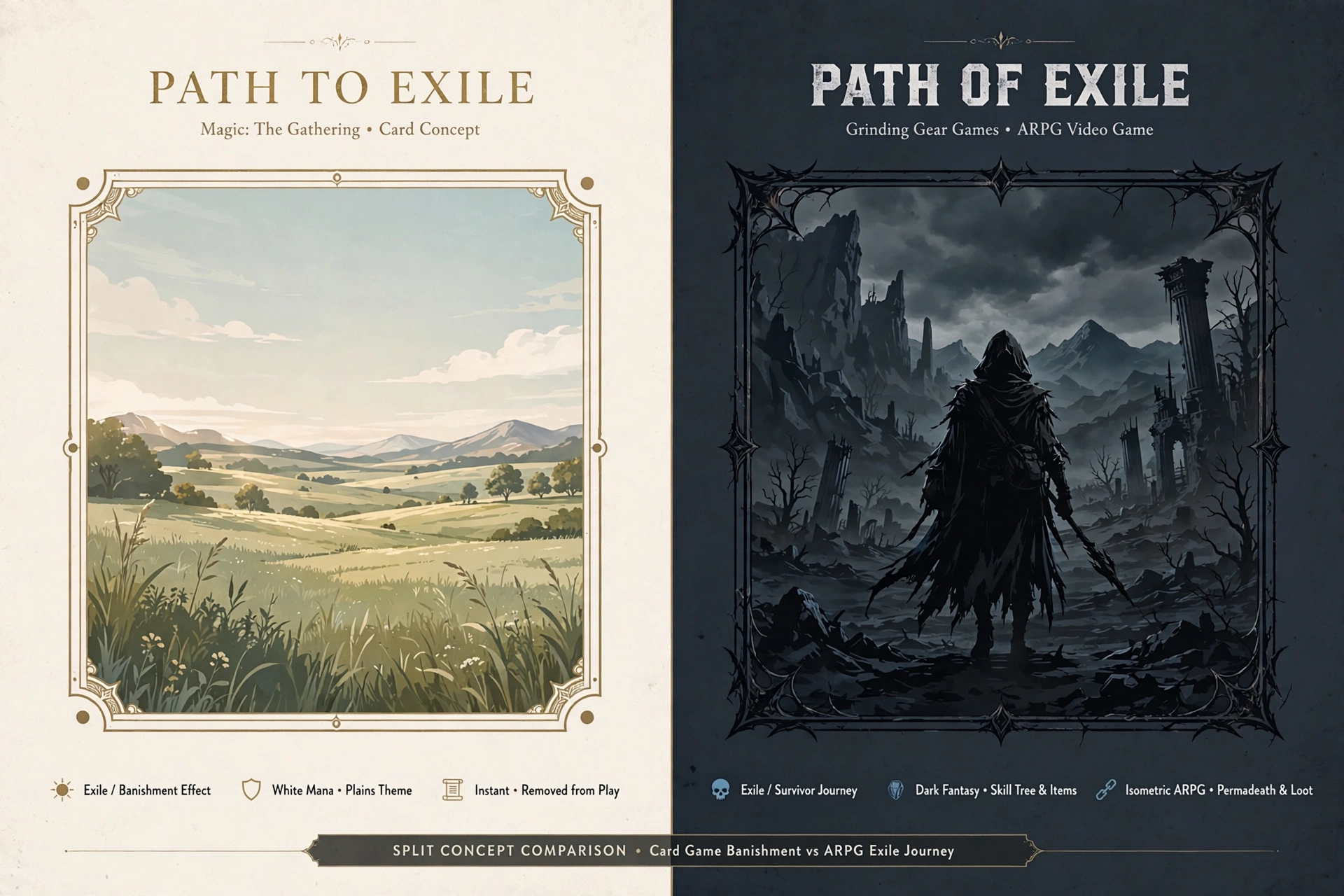 Split graphic comparing the Path to Exile Magic card with the Path of Exile video game