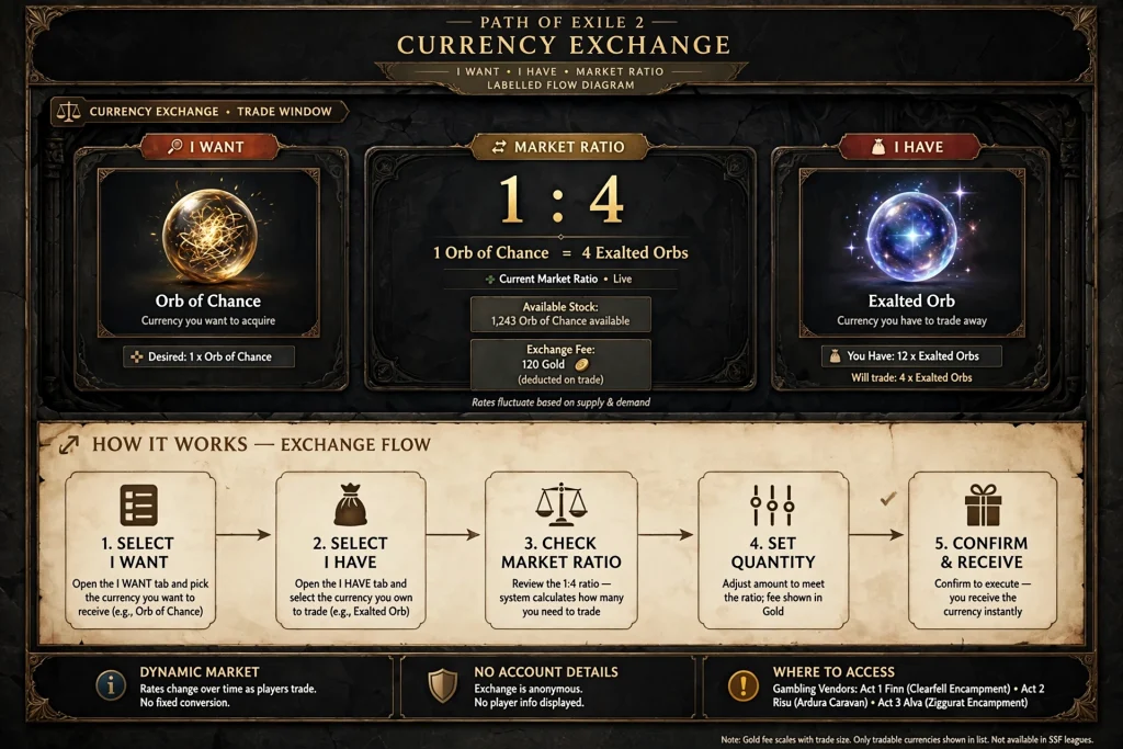 Currency Exchange window showing I Want, I Have and the Market Ratio 