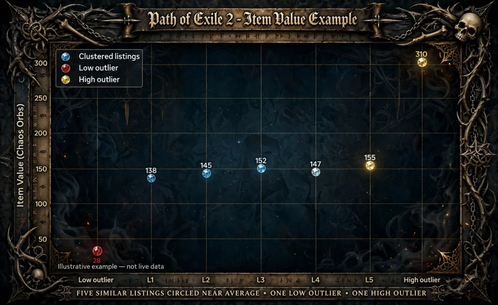 How to Evaluate PoE2 Item Values in PoE2 Market - Illustrative chart of similar item listings with low and high outliers example not live data