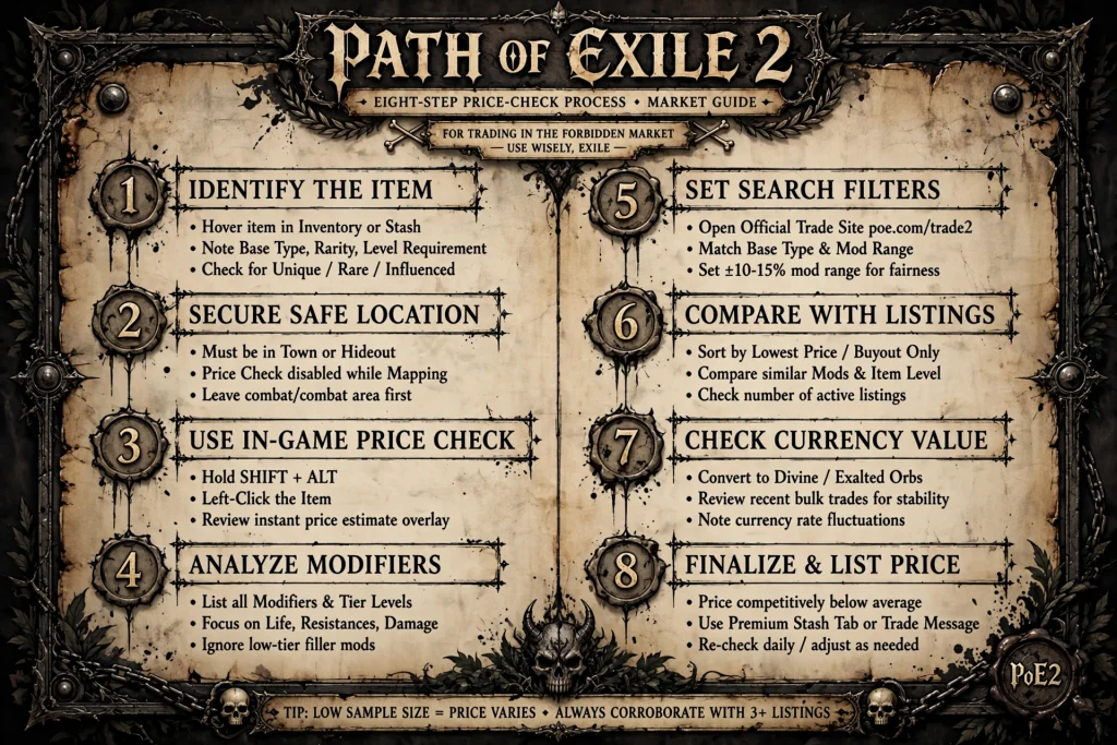 Step-by-step diagram for checking item prices in Path of Exile 2