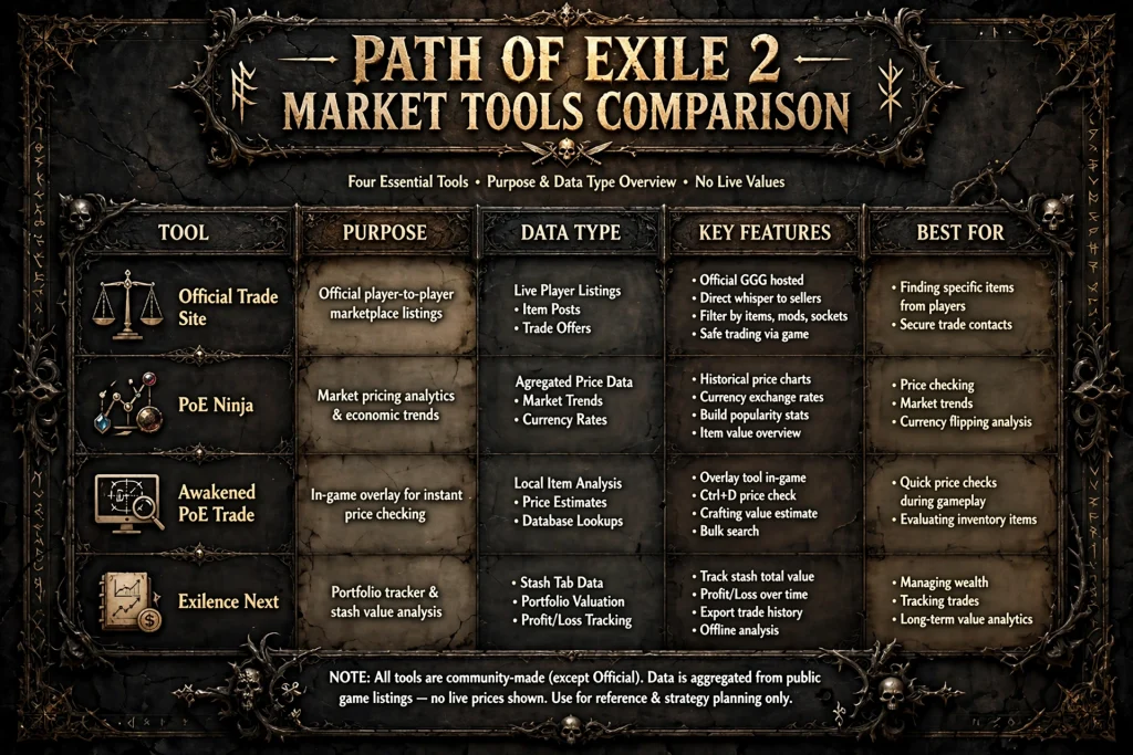 Comparison of Path of Exile 2 price tools by purpose and data type