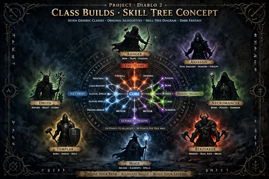 Concept graphic of seven character silhouettes and a skill tree for Project Diablo 2 builds